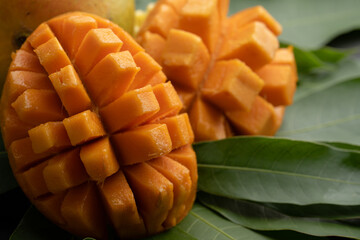 Mango tropical fruit with slice and half cut on green leaf background