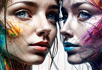 painting of two girls, shattered glass painting of two girls - obrazy, fototapety, plakaty