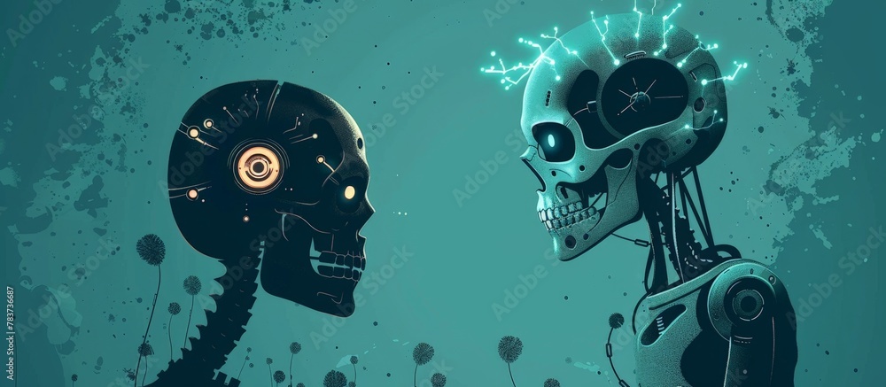 Poster robotic entities with glowing eye sockets and skull-shaped heads face a human skull while advanced a