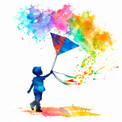 Multi-colored silhouette of a child holding a kite.
Dreams Come True. Watercolor colorful illustration with splashes.