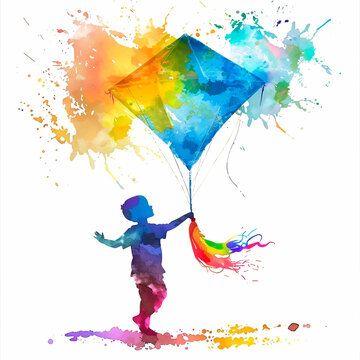Multi-colored silhouette of a child holding a kite.
Dreams Come True. Watercolor colorful illustration with splashes.