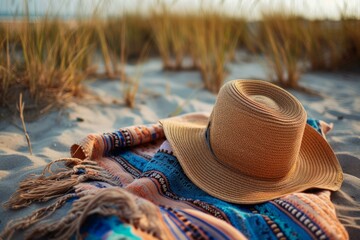 Wide-brimmed Beach hat sand. Sea vacation holiday. Generate Ai