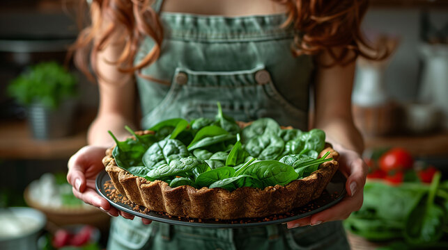 A woman in an apron presents a fresh spinach quiche in a cozy kitchen setting, with ingredients like tomatoes in the background, emphasizing homemade and healthy cuisine.