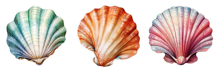 set of three clipart seashells watercolor illustration isolated on transparent background - obrazy, fototapety, plakaty