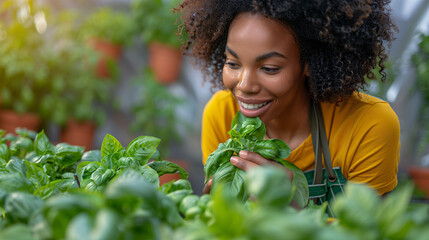 Smiling young woman in apron enjoying the aroma of fresh basil in a sunny greenhouse setting, representing healthy lifestyle and urban gardening. - Powered by Adobe