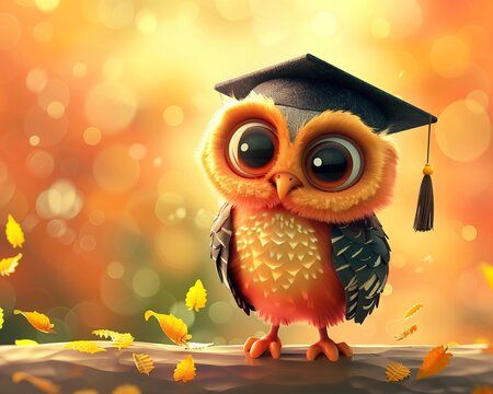 Cute and colorful 3D cartoon owl, graduating, on a soft bright background, perfect for festive occasions