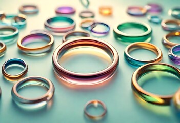 abstract background with circular glass rings isolated on soft colored background, decorative rings, slippery rings, glass rings, multi color rings - obrazy, fototapety, plakaty
