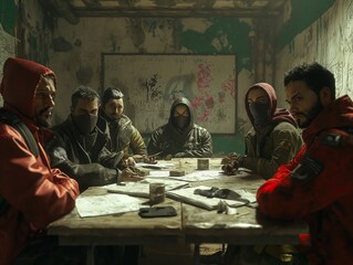 A group of five men are sitting around a table in a room. They are all wearing hoodies and have masks on. Scene is tense and serious, as the men appear to be discussing something important