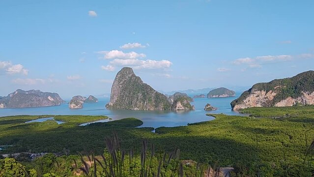 Samet Nangshe Viewpoint is the fantastic limestone formations on the bay  with green mangrove forest panoramic viewpoint in Phang Nga Bay in sunny day locate at Phang Nga Thailand - Travel Landscape