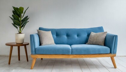 A staple food in the world of comfort, a blue couch with wooden legs on a white background