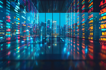 Financial analytical data background consisting of exchange rates and currencies against the backdrop of modern buildings in the business district - obrazy, fototapety, plakaty