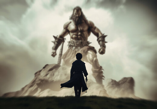 David and Goliath. Bible story of young Shepherd boy defeating a giant Warrior with a simple rock and slingshot. Bravery concept. Back view silhouette David confronting Goliath the giant. Sling