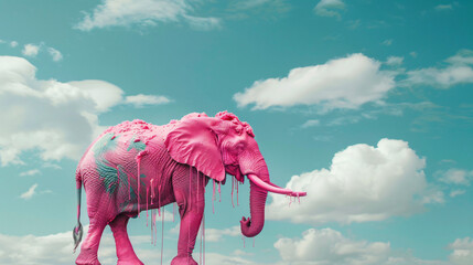 A pink elephant with paint dripping from its body