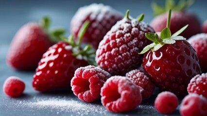  Fresh juicy raspberries dusted with sugar ready to be savored - obrazy, fototapety, plakaty