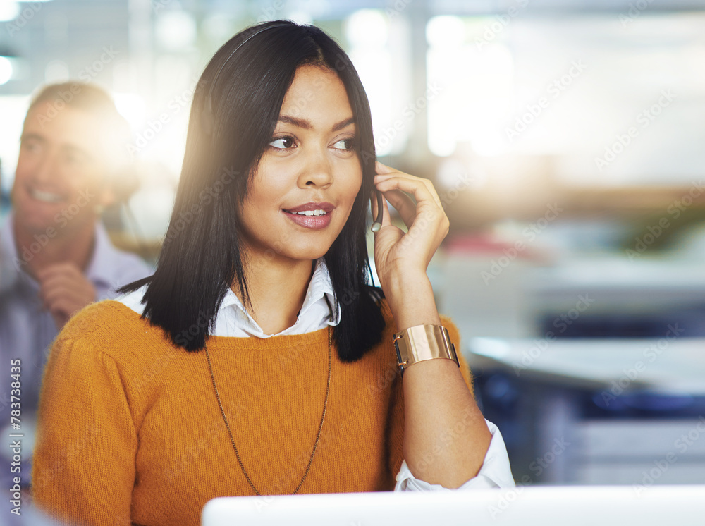 Poster woman, help and consultant thinking in call center, technical support advice and customer care servi