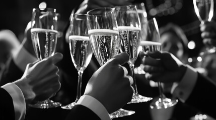 A celebratory moment captured in monochrome as hands raise glasses filled with bubbling champagne - obrazy, fototapety, plakaty
