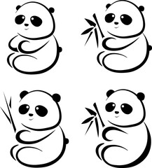 stylized black and white linear drawing of a panda, vector