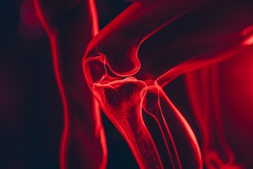 Closeup shot of human knee with red light illuminating it