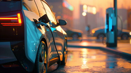 Electric car charging, twilight, clean future, urban setting, soft glow , clean sharp focus