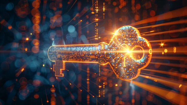 An abstract representation of a cybersecurity key surrounded by glowing streams of digital data and coding information