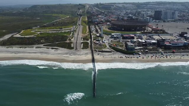 Drone Shot Over the Ocean of the US and Mexico Border