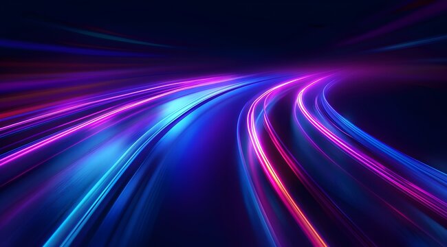 Purple and blue future technology background with lines bending through a dark space. High speed sync.