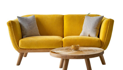 A staple food in the world of comfort, a yellow couch with wooden legs on a white background