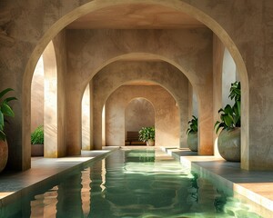 Obraz na płótnie Canvas Serene spa with arches, warm sunlight, peaceful greenery, minimalistic , advertise photo