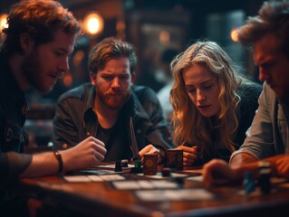 A group of people are playing a game of poker. The woman is wearing a necklace and has blonde hair - obrazy, fototapety, plakaty