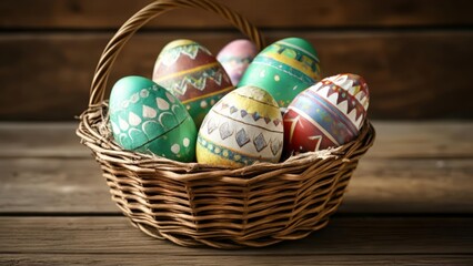 Fototapeta na wymiar Vibrant Easter eggs in a woven basket ready for a festive celebration
