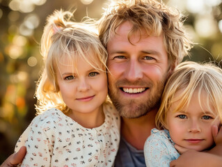 Fototapeta premium A man and two little girls are smiling.