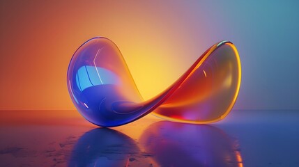 Colorful three dimensional glass blob shape on blue orange gradient background.