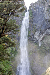 Devils Punchbowl waterfall cascades amid lush NZ greenery, a jewel of Arthur's Pass