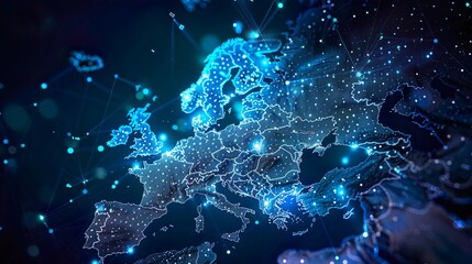 Glowing Printed Circuits Map of Western Europe on Computer Chip: Global Network and Connectivity