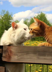 Two cats are nuzzling each other on a wooden fence - 783739419