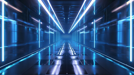 This image showcases a perspective view of a corridor bathed in blue neon lights, exhibiting a high-tech and futuristic aesthetic