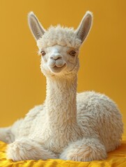 Playful 3D alpaca, cartoon design, lying down on a soft pastel yellow background, vibrant accents
