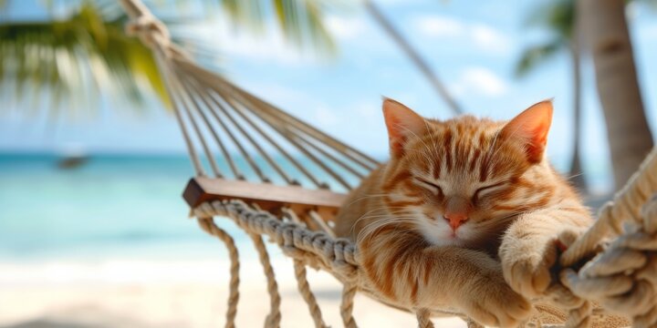Cute cat lies relaxed in a hammock on the beach against the backdrop of the ocean sea on a sunny day, the concept of a summer holiday, tourism advertising
