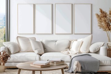 Fototapeta premium Poster frame mock-up in home interior background with modern sofa and decor in living room, 3d render. Beautiful simple AI generated image in 4K, unique.