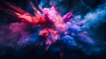 Colorful powder explosion on dark background, colorful dust splash in motion, vibrant color cloud. Bright colors. Photorealistic photography. Vibrant explosion of colored powder on dark background.  - obrazy, fototapety, plakaty