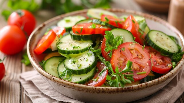 Cucumber and tomato salad is a dish made with sliced cucumbers and tomatoes.