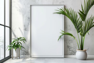 Sophisticated Blank Horizontal Poster Frame Mock-Up Nestled in a Scandinavian Style Living Room Interior.. Beautiful simple AI generated image in 4K, unique.