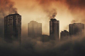 View of a smoky industrial city in smog, skyscrapers in fog, air pollution smoke

