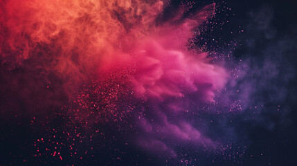 Colorful powder explosion on dark background, colorful dust splash in motion, vibrant color cloud. Bright colors. Photorealistic photography. Vibrant explosion of colored powder on dark background. 