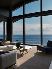 luxurious living room, large window with a beautiful view of the sea, generative ai