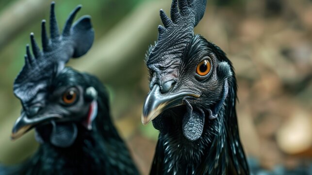 Black free-range farm chickens ayam cemani in nature against a backdrop of bright greenery in tropical countries
