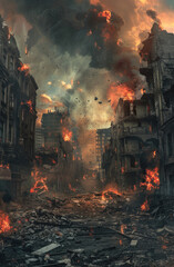 A scene of destruction and war set during World War 3