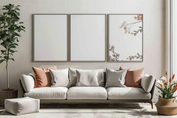 A modern living room, Interior design photo frame mock-up exudes comfort with a soft sofa and natural elements, bathed in warm light. Beautiful simple AI generated image in 4K, unique.