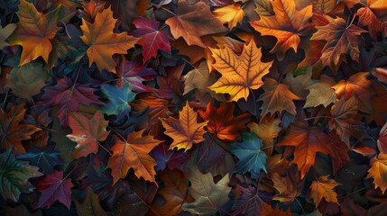 A background showcasing colorful autumn leaves with intricate patterns and textures, lying on a bed of fallen leaves.