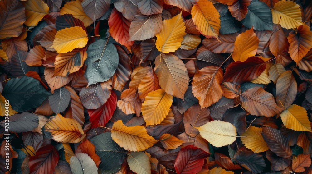 Poster a background showcasing colorful autumn leaves with intricate patterns and textures, lying on a bed 